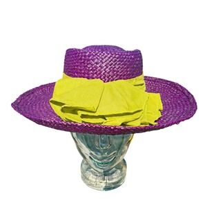 Toucan New York Purple Straw Sun Hat Lime Green Bow Wide Brim Derby Garden Party